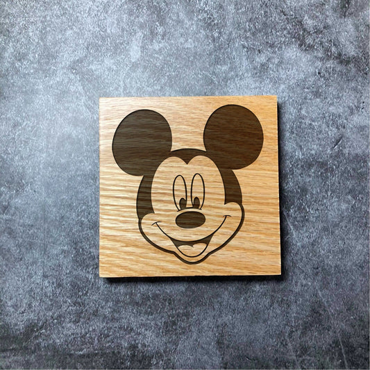 Mickey Mouse Coaster - Deluxe  Varnished Oak Wood - Laser Engraved Disney Square Coasters