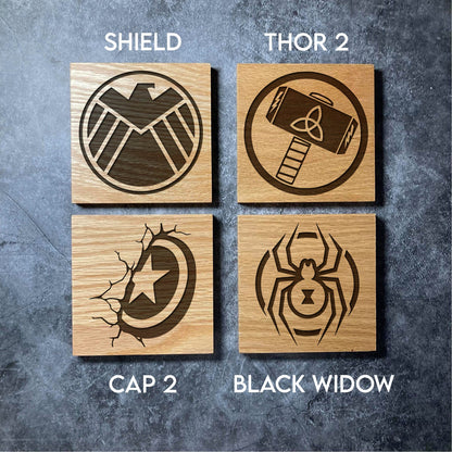 Avengers Coasters - Real Solid Oak Wood - 12 Designs - Marvel Spider-Man Thor Hulk Iron-Man Loki etc - Laser Engraved SquareWooden Coaster