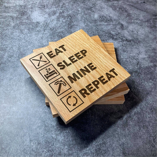 Minecraft Coaster 'Eat Sleep Mine Repeat' - Deluxe Varnished Oak Wood - Gaming Gamer Design - Laser Engraved Square Wood Coasters