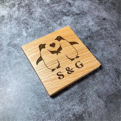 Custom Initials Cute Penguin Coaster - Deluxe Varnished Oak - Personalised Laser Engraved Valentines Love Initials Square Wood Coasters