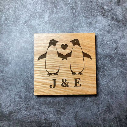 Custom Initials Cute Penguin Coaster - Deluxe Varnished Oak - Personalised Laser Engraved Valentines Love Initials Square Wood Coasters