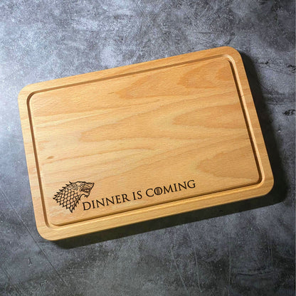 Game of Thrones Chopping Board - Dinner is Coming Stark House Emblem Sigil - Beech Wood Natural Grain - Laser Engraved Cutting Board