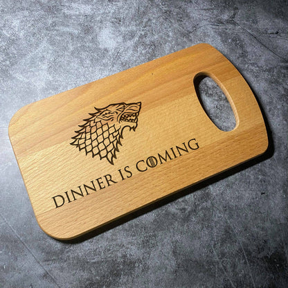 Game of Thrones Chopping Board - Dinner is Coming Stark House Emblem Sigil - Beech Wood Natural Grain - Laser Engraved Cutting Board