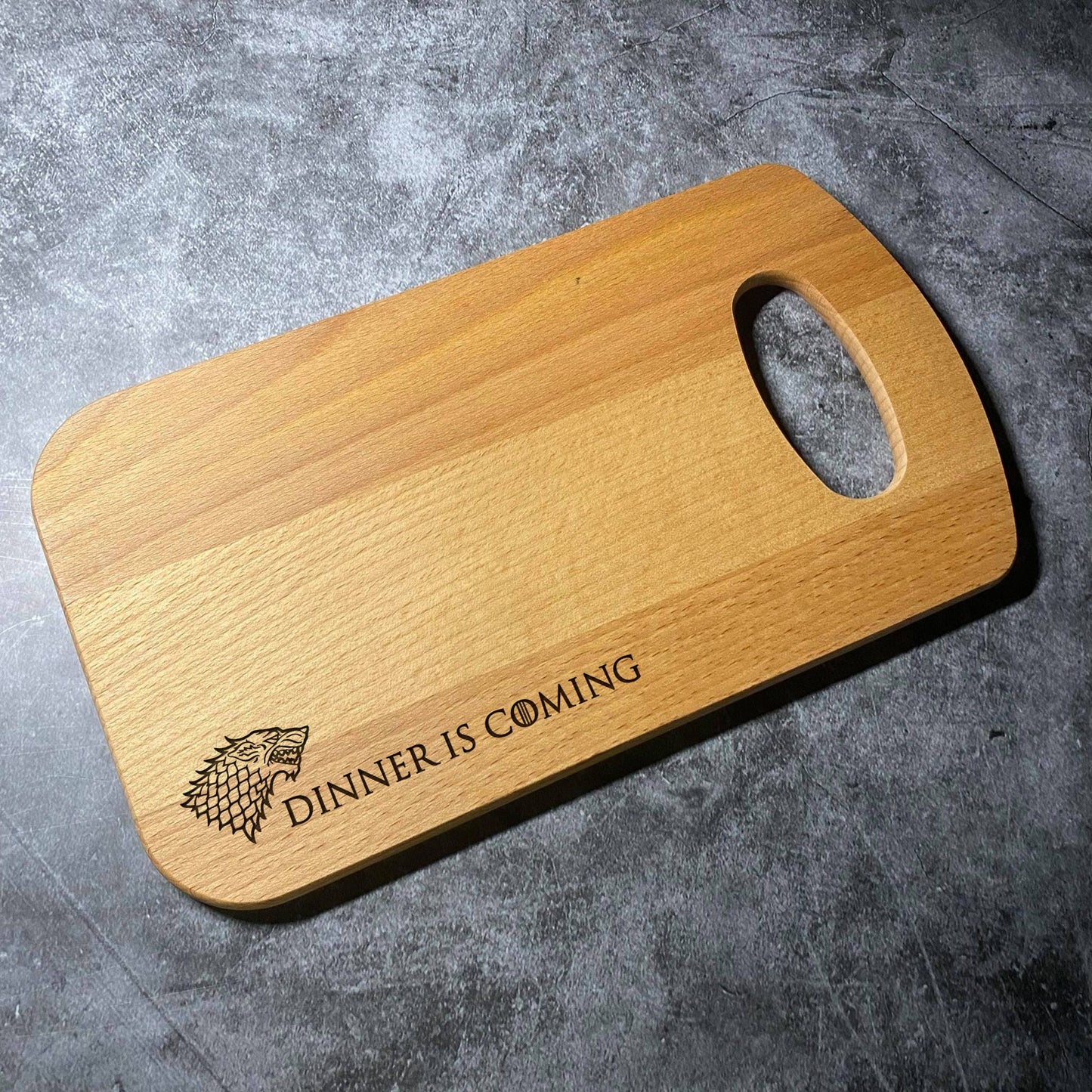 Game of Thrones Chopping Board - Dinner is Coming Stark House Emblem Sigil - Beech Wood Natural Grain - Laser Engraved Cutting Board