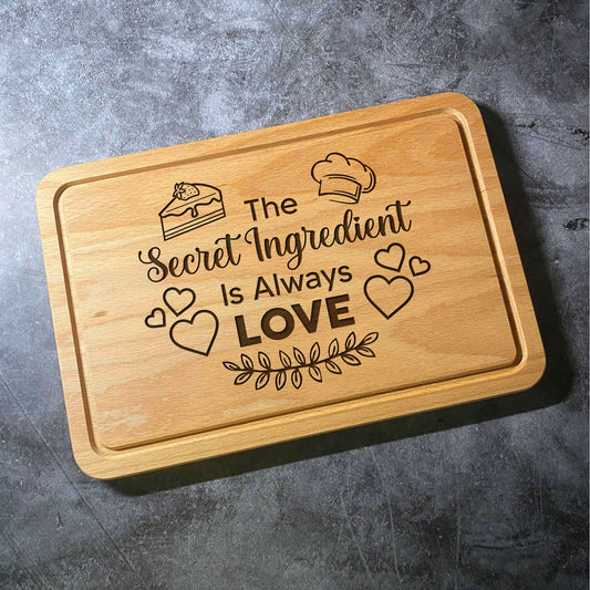 The Secret Ingredient Is Love Chopping Board - Cute Kitchen Quote Hearts Design - Laser Engraved Beech Wood  - Multiple Cutting Board Shapes