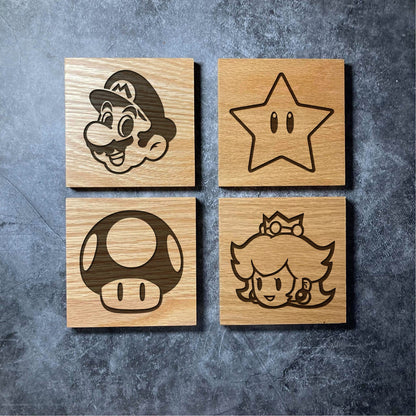 Super Mario Coasters - 10 Designs - Varnished Oak Wood Coaster