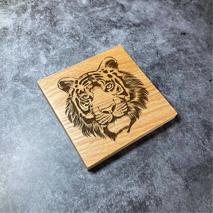 Realistic Tiger Coaster - Deluxe Varnished Oak - Nature Animal Big Cat Jungle - Laser Engraved Square Wood Coasters