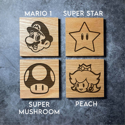 Super Mario Coasters - 10 Designs - Varnished Oak Wood Coaster