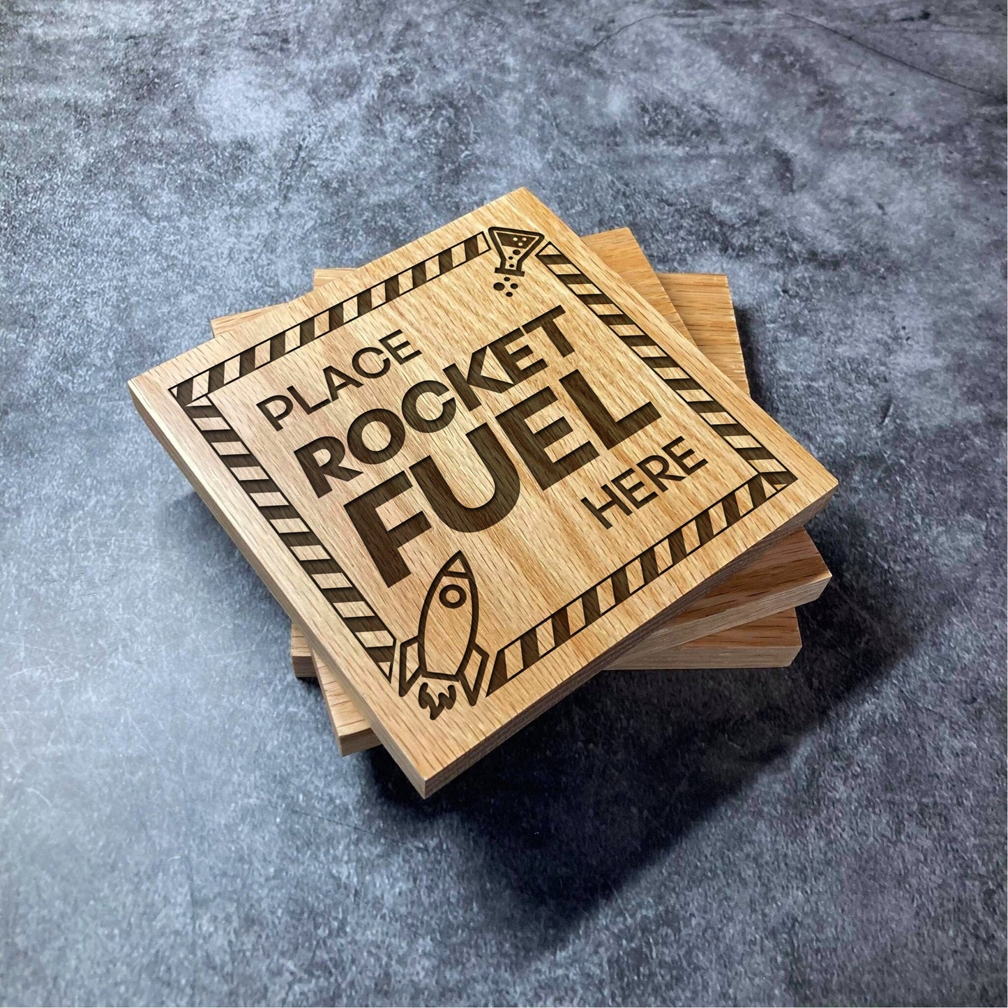 Science Coaster 'Place ROCKET FUEL Here' - Deluxe Varnished Oak - School Teacher Engineer Chemistry - Laser Engraved Square Wood Coasters