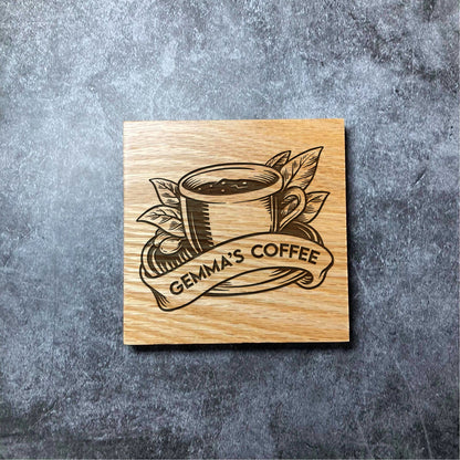 Custom Name Coffee Coaster - Deluxe Varnished Oak Wood - Coffee Leaves Cup Brew Drink - Personalised Laser Engraved Square Wood Coasters