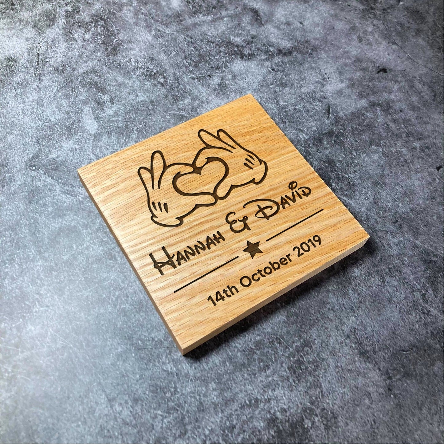 Custom Disney Anniversary Coaster - Personalised Names & Date - Deluxe Varnished Oak Wood - Laser Engraved Disney Heart Square Coasters