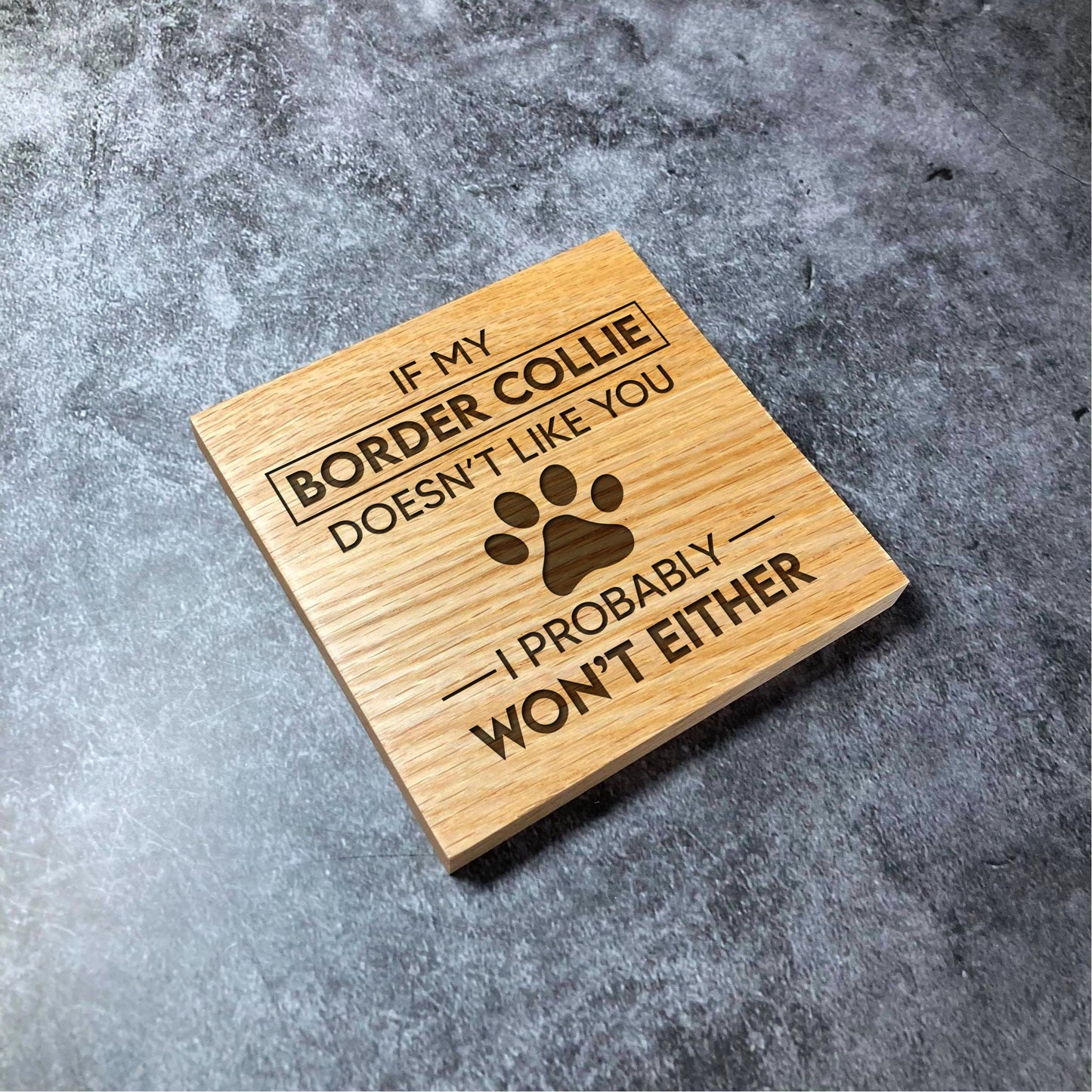 Custom Dog Coaster - Any Dog Breed Name - Deluxe Varnished Oak Wood - Personalised Laser Engraved Square Wood Coasters