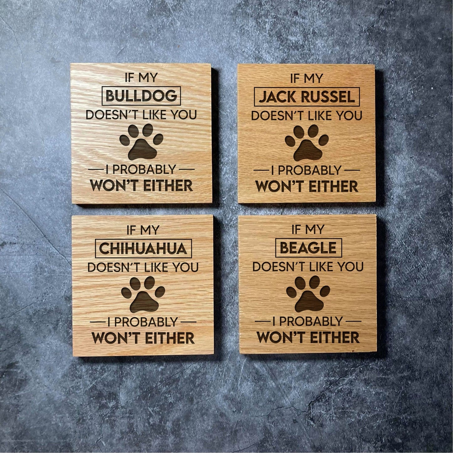 Custom Dog Coaster - Any Dog Breed Name - Deluxe Varnished Oak Wood - Personalised Laser Engraved Square Wood Coasters