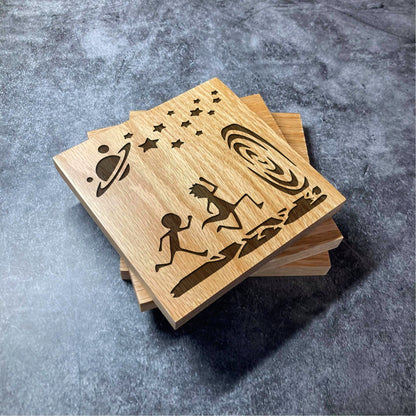 Rick and Morty Coaster - Deluxe Varnished Oak Wood - Funny TV Show Characters Rick & Morty Gift  - Laser Engraved Square Coasters