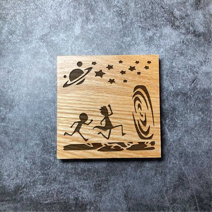 Rick and Morty Coaster - Deluxe Varnished Oak Wood - Funny TV Show Characters Rick & Morty Gift  - Laser Engraved Square Coasters