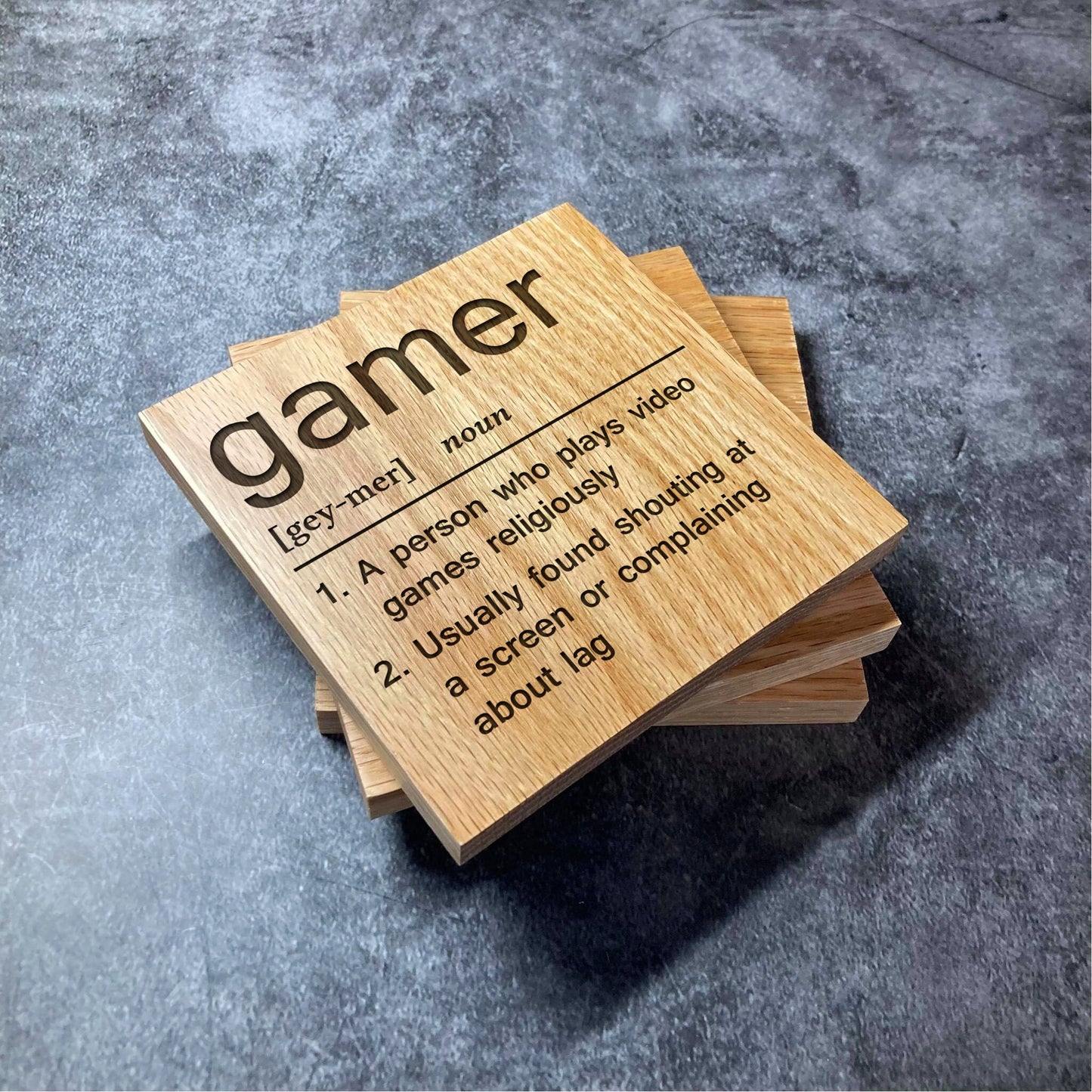 Gamer Definition Coaster - Deluxe Varnished Oak Wood - Funny Dictionary Word Meaning - Laser Engraved Square Wood Coasters - Home Decor