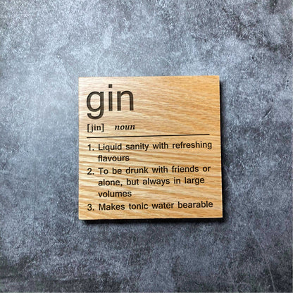 Gin Definition Coaster - Deluxe Varnished Oak Wood - Funny Dictionary Word Meaning - Laser Engraved Square Wood Coasters - Home Decor