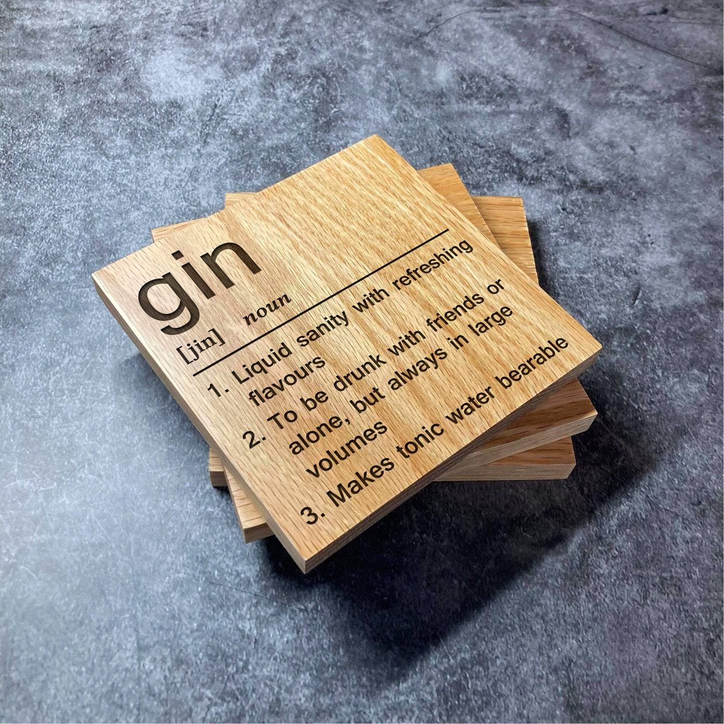 Gin Definition Coaster - Deluxe Varnished Oak Wood - Funny Dictionary Word Meaning - Laser Engraved Square Wood Coasters - Home Decor