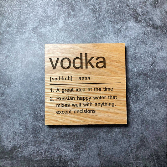 Vodka Definition Coaster - Deluxe Varnished Oak Wood - Funny Dictionary Word Meaning - Laser Engraved Square Wood Coasters - Home Decor