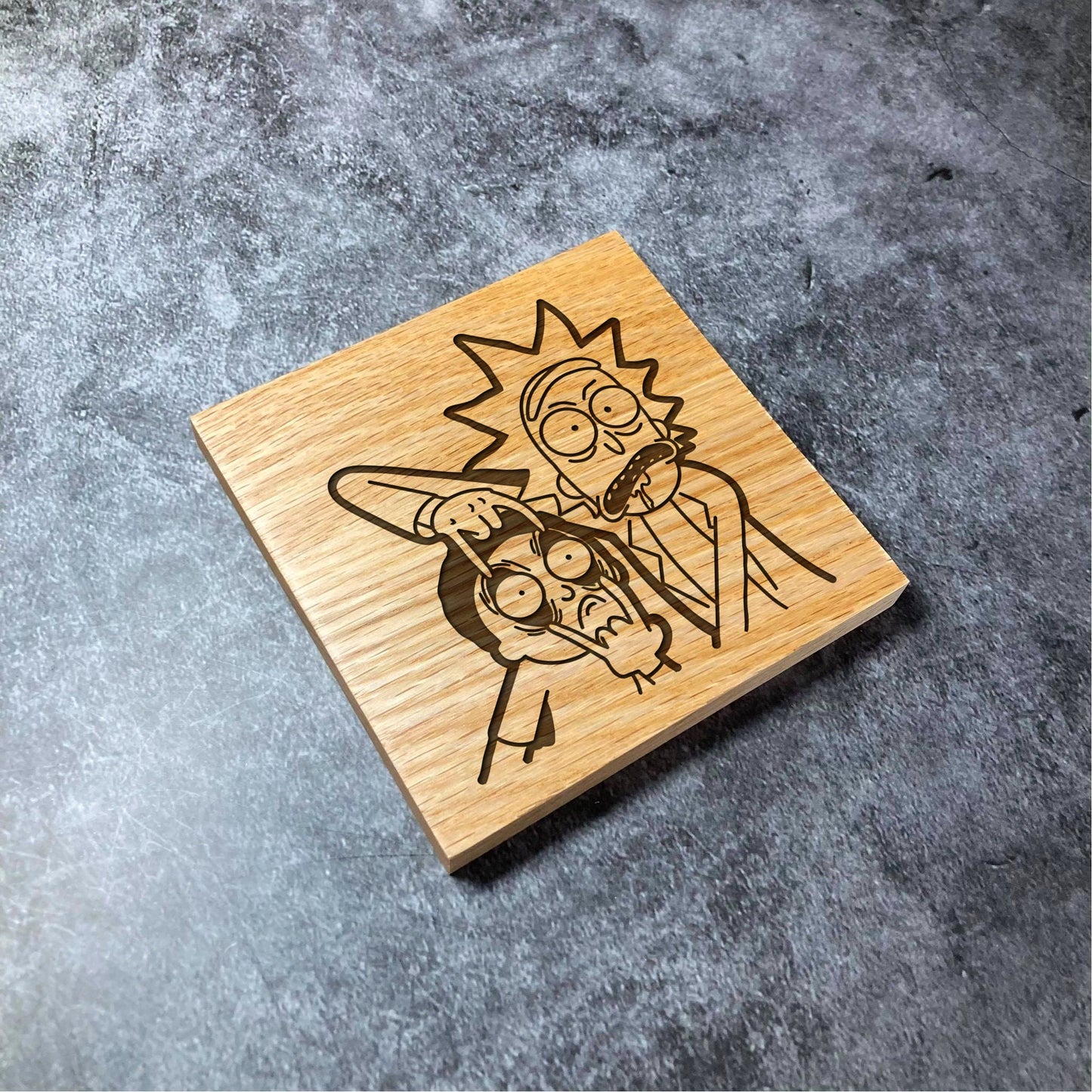 Rick and Morty Coaster - Deluxe Varnished Oak Wood - Funny TV Show Characters  - Laser Engraved Square Coasters