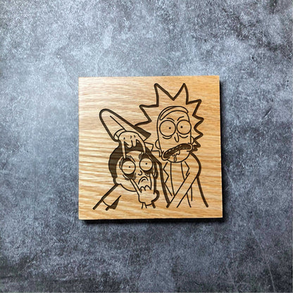 Rick and Morty Coaster - Deluxe Varnished Oak Wood - Funny TV Show Characters  - Laser Engraved Square Coasters