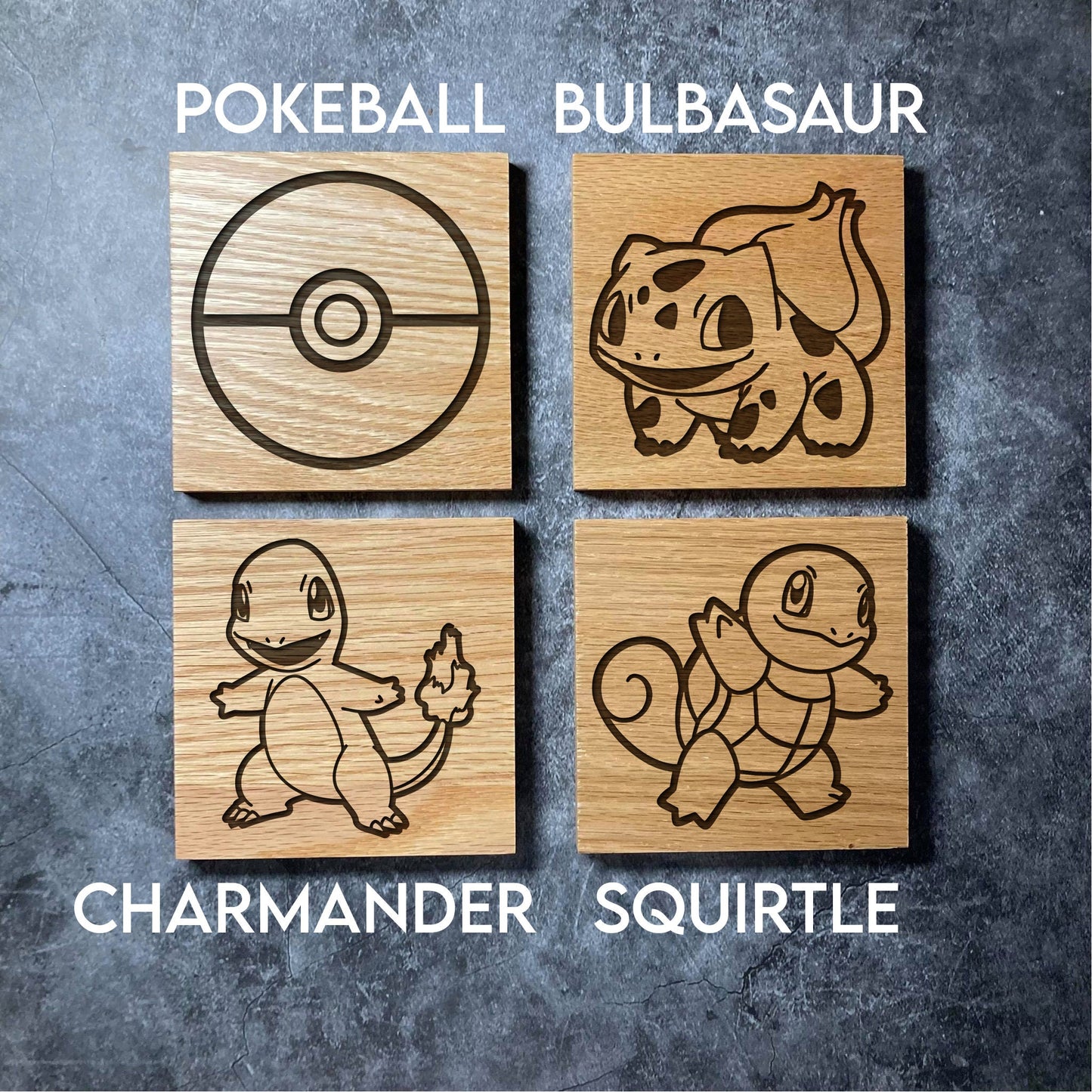 Pokemon Coasters - 16 Designs - Real Solid Oak Wood -  Pikachu Charizard Pokeball Onix Gengar etc - Engraved Square Wooden Coaster