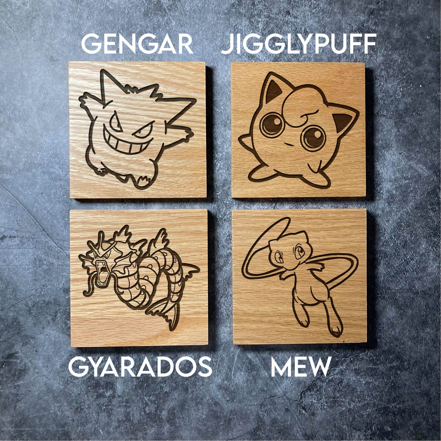 Pokemon Coasters - 16 Designs - Real Solid Oak Wood -  Pikachu Charizard Pokeball Onix Gengar etc - Engraved Square Wooden Coaster