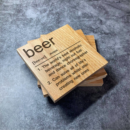 Beer Definition Coaster - Deluxe Varnished Oak Wood - Funny Dictionary Word Meaning - Laser Engraved Square Wood Coasters - Home Decor