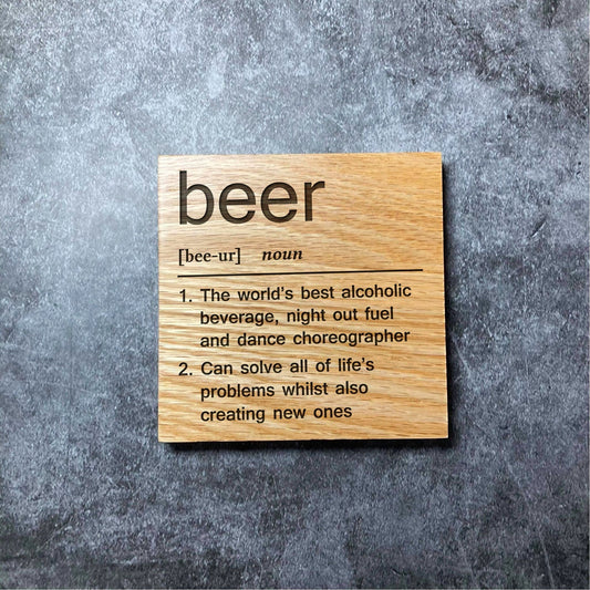 Beer Definition Coaster - Deluxe Varnished Oak Wood - Funny Dictionary Word Meaning - Laser Engraved Square Wood Coasters - Home Decor