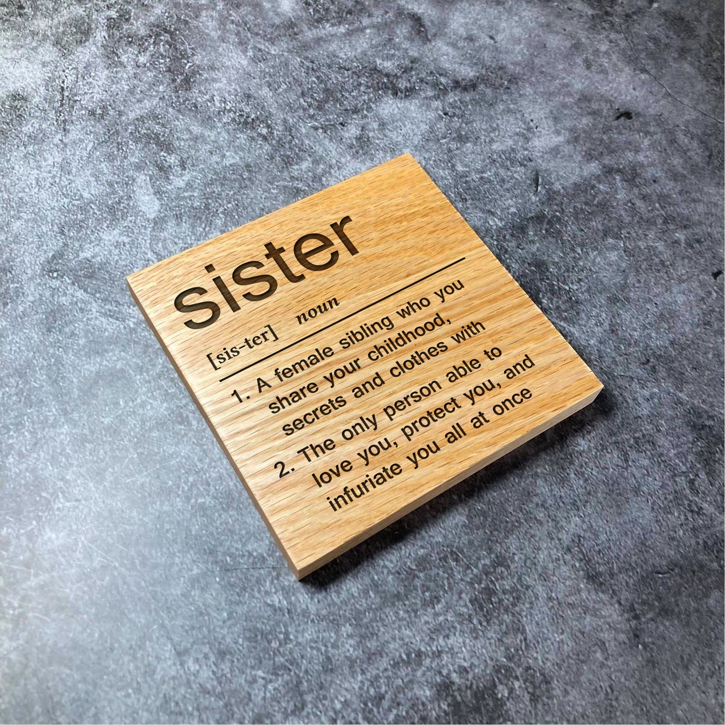 Sister Definition Coaster - Deluxe Varnished Oak Wood - Funny Dictionary Word Meaning - Laser Engraved Square Wood Coasters - Home Decor