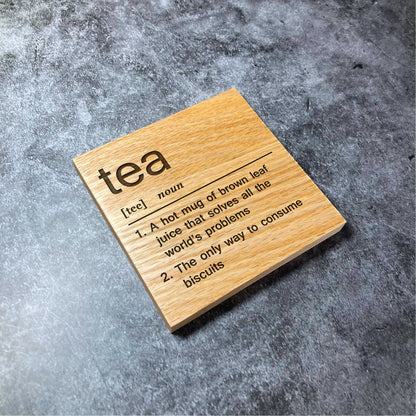 Tea Definition Coaster - Deluxe Varnished Oak Wood - Funny Dictionary Word Meaning - Laser Engraved Square Wood Coasters - Home Decor