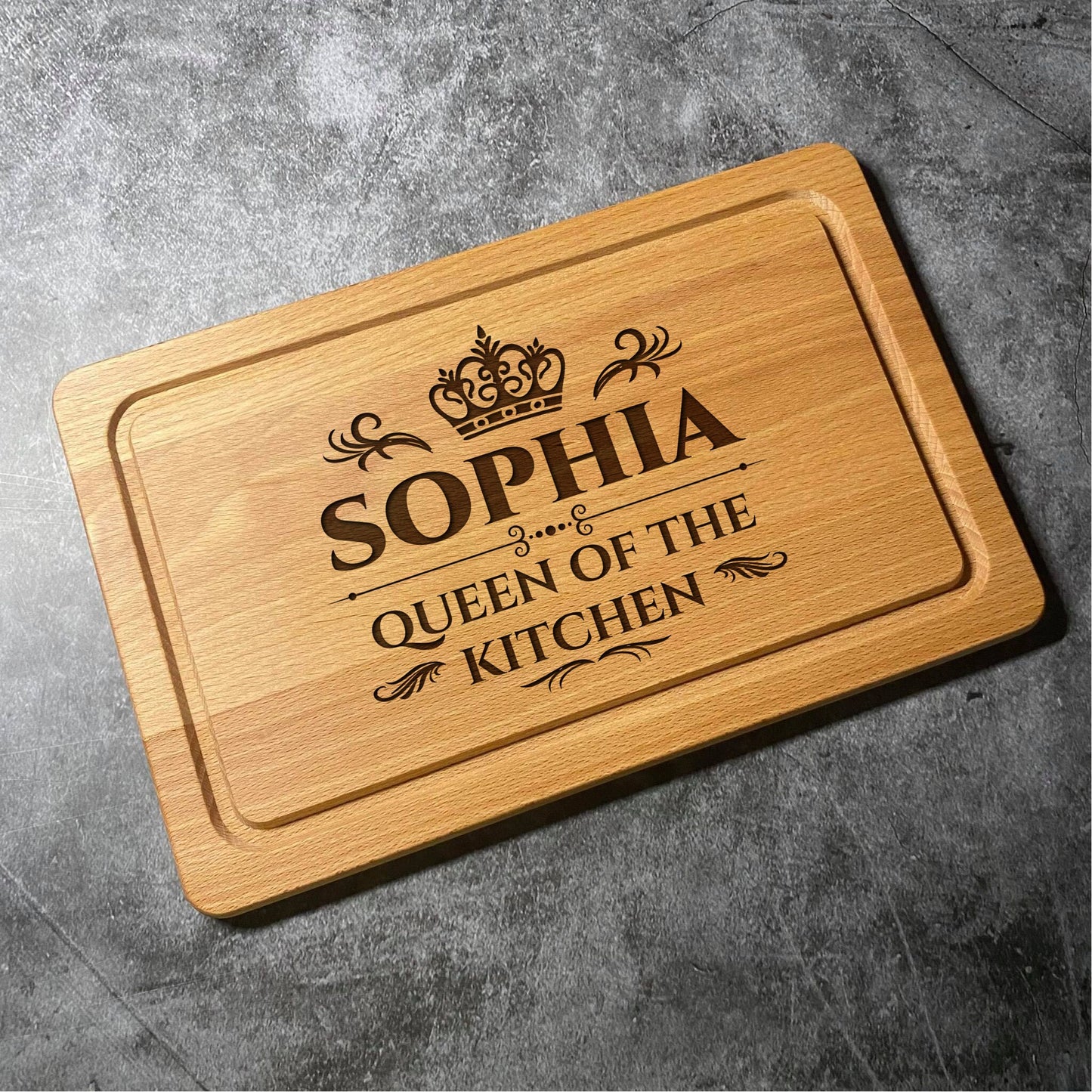 Custom Queen of the Kitchen Chopping Board - Beech Wood Natural Grain - Custom Name Laser Engraved - Multiple Board Shapes