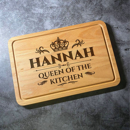 Custom Queen of the Kitchen Chopping Board - Beech Wood Natural Grain - Custom Name Laser Engraved - Multiple Board Shapes