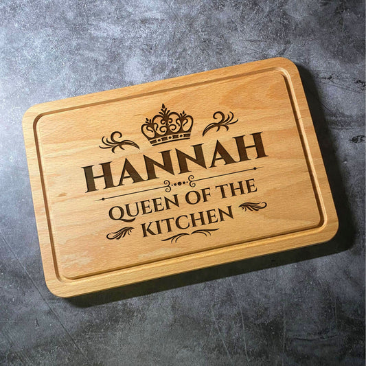 Custom Queen of the Kitchen Chopping Board - Beech Wood Natural Grain - Custom Name Laser Engraved - Multiple Board Shapes