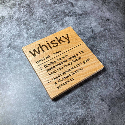 Whisky Definition Coaster - Deluxe Varnished Oak Wood - Funny Dictionary Word Meaning - Laser Engraved Square Wood Coasters - Home Decor