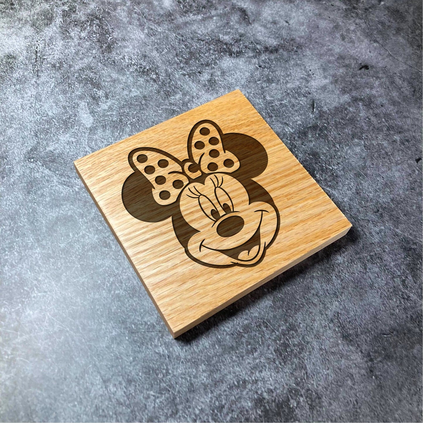 Minnie Mouse Coaster - Deluxe  Varnished Oak Wood - Laser Engraved Disney Square Coasters