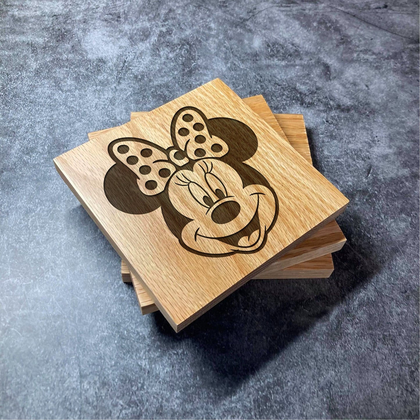 Minnie Mouse Coaster - Deluxe  Varnished Oak Wood - Laser Engraved Disney Square Coasters