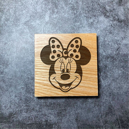 Minnie Mouse Coaster - Deluxe  Varnished Oak Wood - Laser Engraved Disney Square Coasters