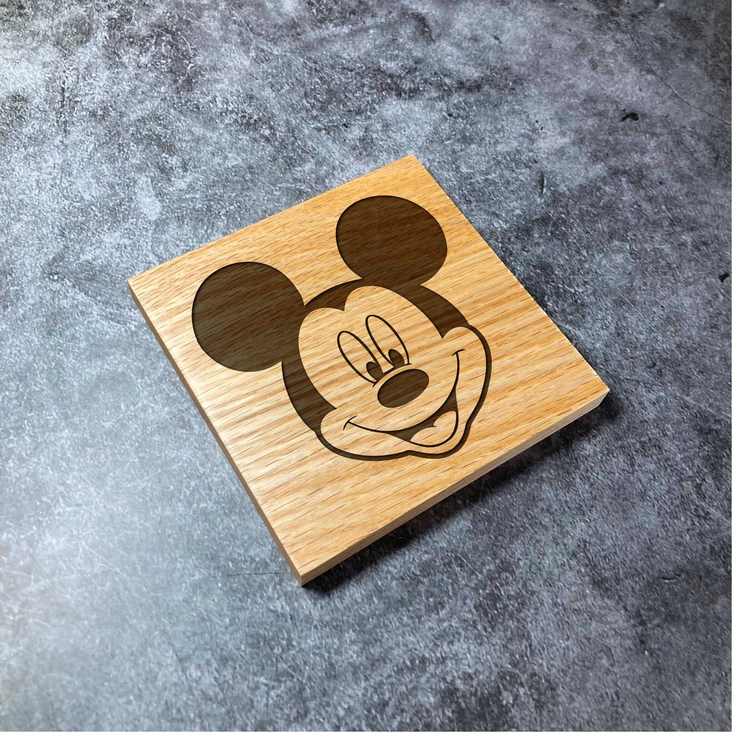 Mickey Mouse Coaster - Deluxe  Varnished Oak Wood - Laser Engraved Disney Square Coasters