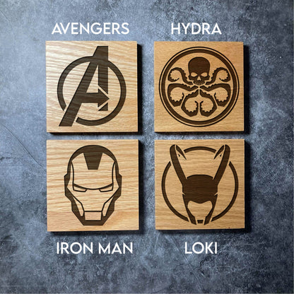 Avengers Coasters - Real Solid Oak Wood - 12 Designs - Marvel Spider-Man Thor Hulk Iron-Man Loki etc - Laser Engraved SquareWooden Coaster