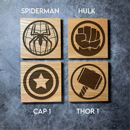 Avengers Coasters - Real Solid Oak Wood - 12 Designs - Marvel Spider-Man Thor Hulk Iron-Man Loki etc - Laser Engraved SquareWooden Coaster