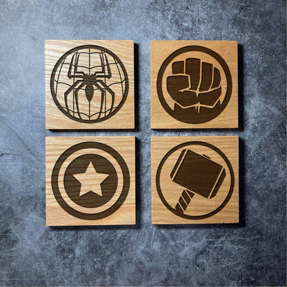 Avengers Coasters - Real Solid Oak Wood - 12 Designs - Marvel Spider-Man Thor Hulk Iron-Man Loki etc - Laser Engraved SquareWooden Coaster