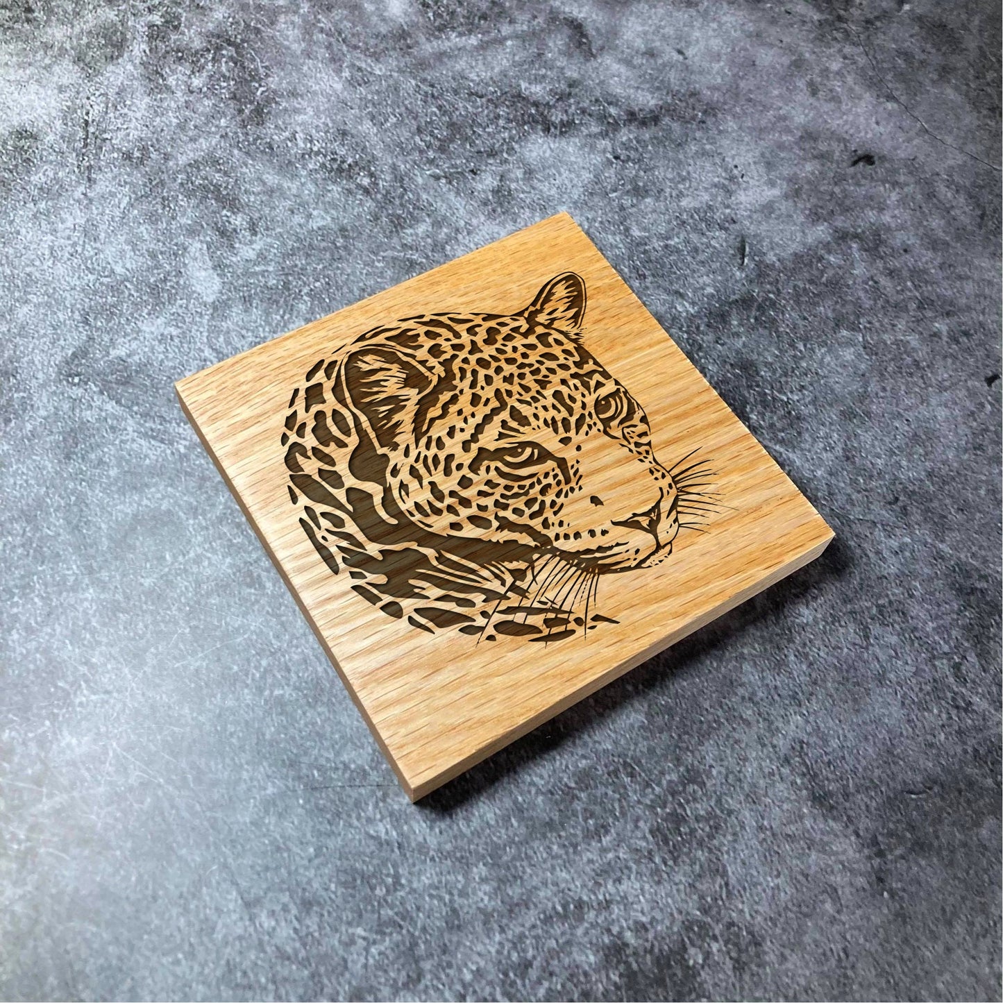 Realistic Leopard Coaster - Deluxe Varnished Oak - Nature Animal Big Cat Jungle - Laser Engraved Square Wood Coasters