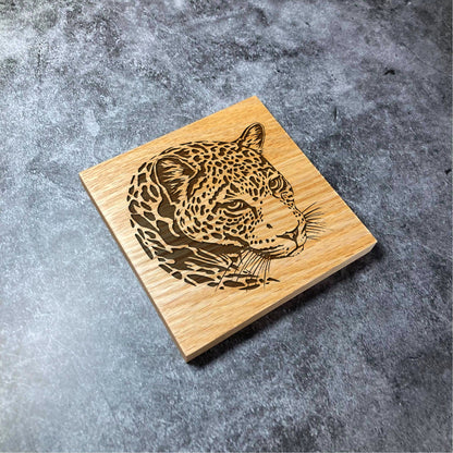 Realistic Leopard Coaster - Deluxe Varnished Oak - Nature Animal Big Cat Jungle - Laser Engraved Square Wood Coasters