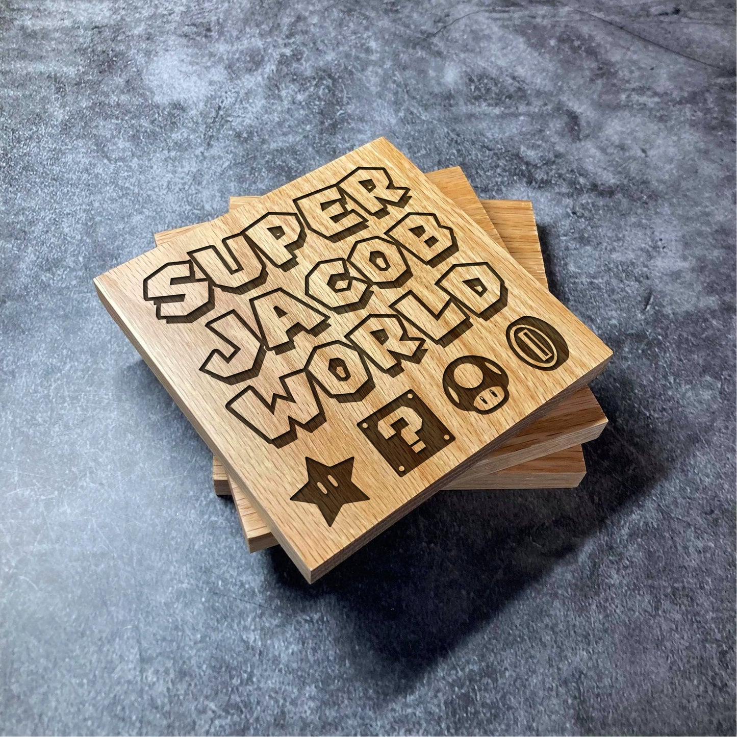 Custom Super Mario Coaster - YOUR NAME - Deluxe Varnished Oak Wood - Personalised Super Mario World Laser Engraved Square Wood Coasters