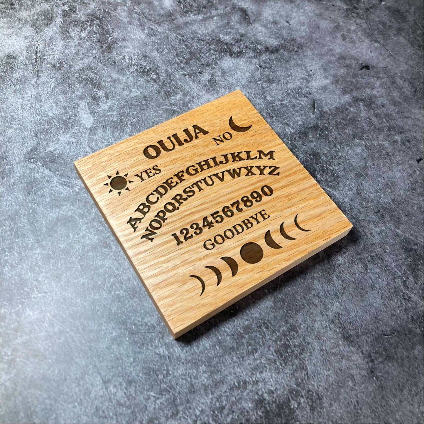 Ouija Board Coaster - Deluxe Varnished Oak Wood - Spirit Board Sun Moon Occult Gothic Laser Engraved Square Wood Coasters