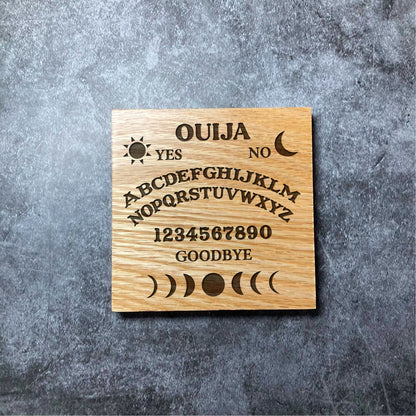 Ouija Board Coaster - Deluxe Varnished Oak Wood - Spirit Board Sun Moon Occult Gothic Laser Engraved Square Wood Coasters