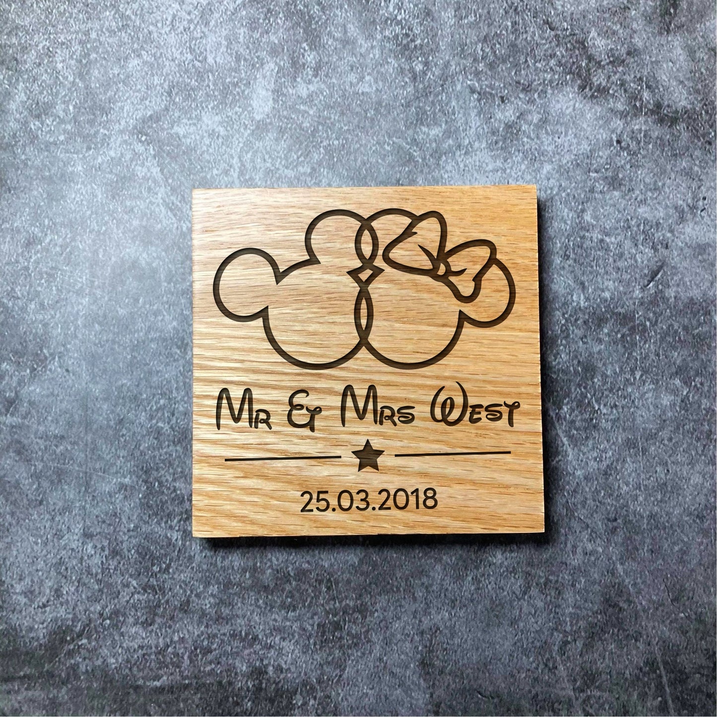 Custom Disney Anniversary Coaster - Personalised Names & Date - Deluxe Varnished Oak Wood - Laser Engraved Mickey and Minnie Square Coasters