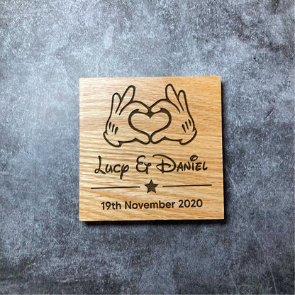 Custom Disney Anniversary Coaster - Personalised Names & Date - Deluxe Varnished Oak Wood - Laser Engraved Disney Heart Square Coasters