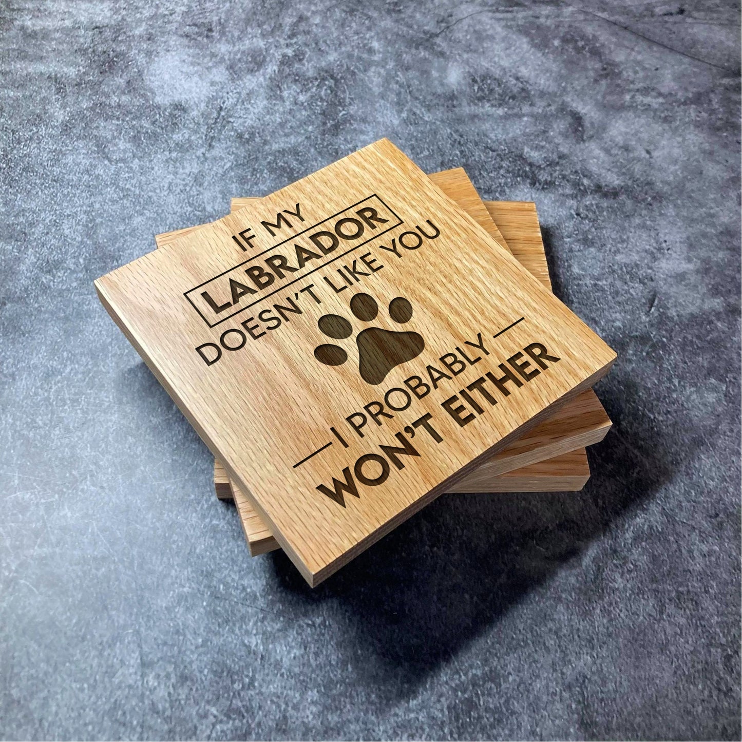 Custom Dog Coaster - Any Dog Breed Name - Deluxe Varnished Oak Wood - Personalised Laser Engraved Square Wood Coasters